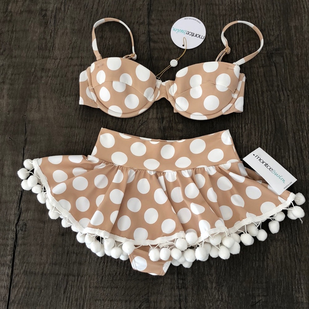 Montce swim bikini set top polka dot Pom Pom high rise bottom bustier xs